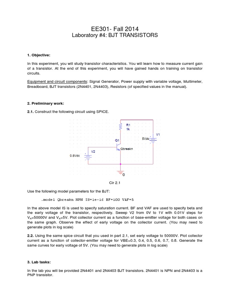 EE301Fall 2014 Laboratory 4 BJT TRANSISTORS PDF Bipolar Junction Transistor Transistor
