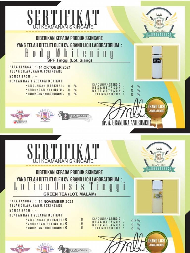 Sertifikat Hasil Uji Lab Body Lotion Greentea Dan Body Whitening SPF