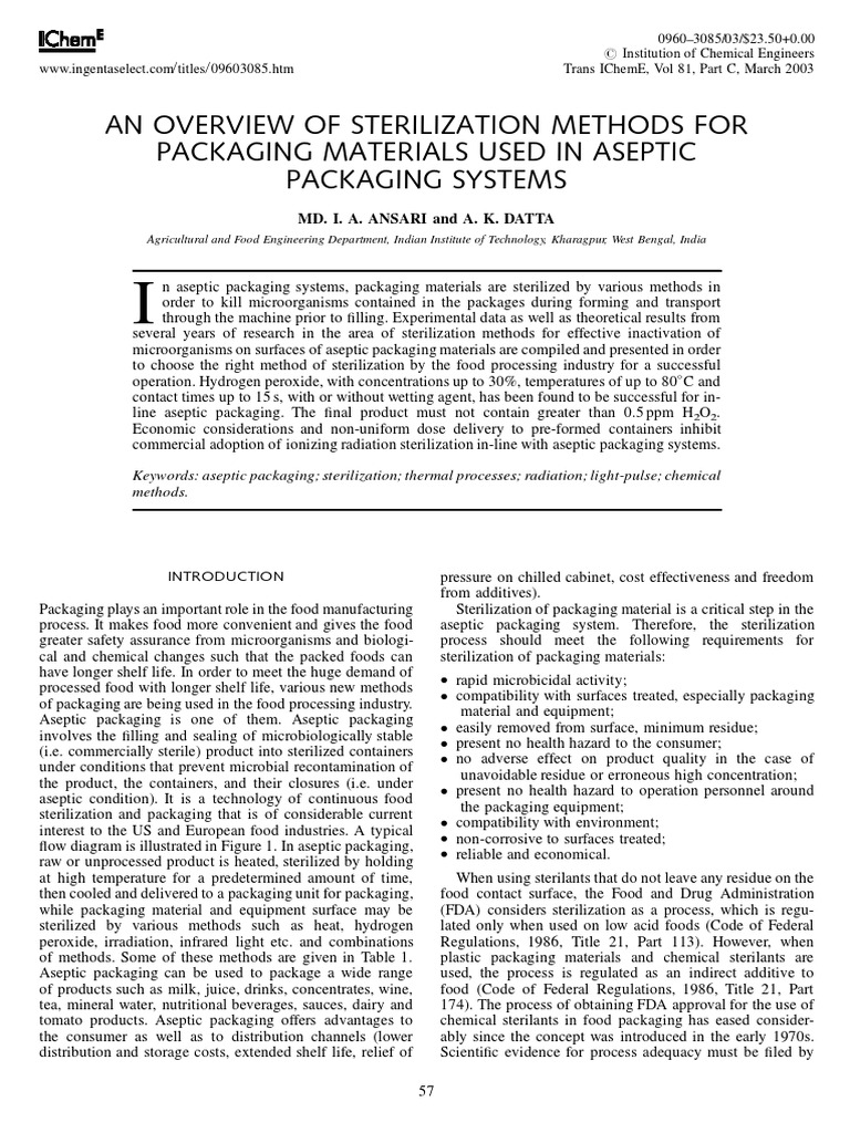 An Overview of Sterilization Methods For Packaging Materials Used in Aseptic Packaging Systems