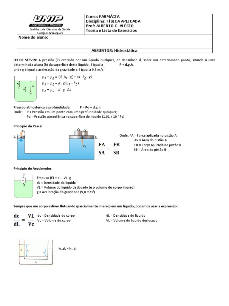 Hidrostática: Teoria e Exercícios de Física | PDF | Pressão ...