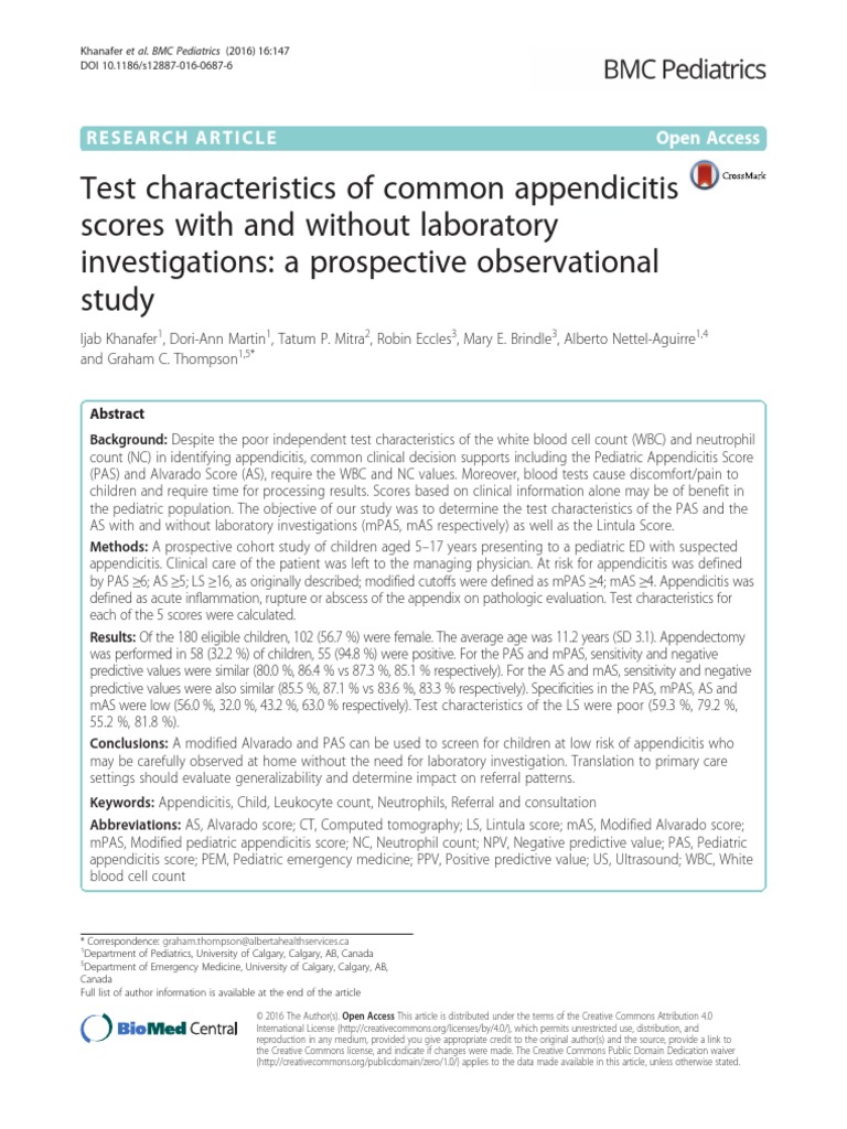 Khanafer Test Characteristics of Common Appendicitis Scores With and