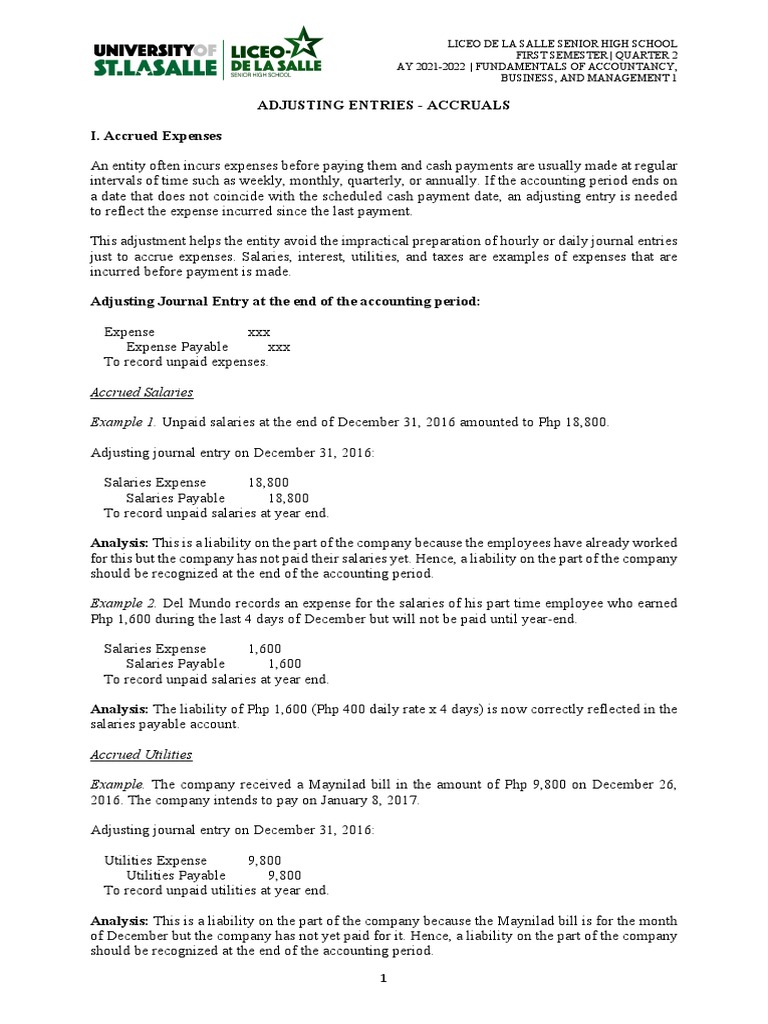 Adjusting Entries (Accruals) | PDF | Accrual | Interest