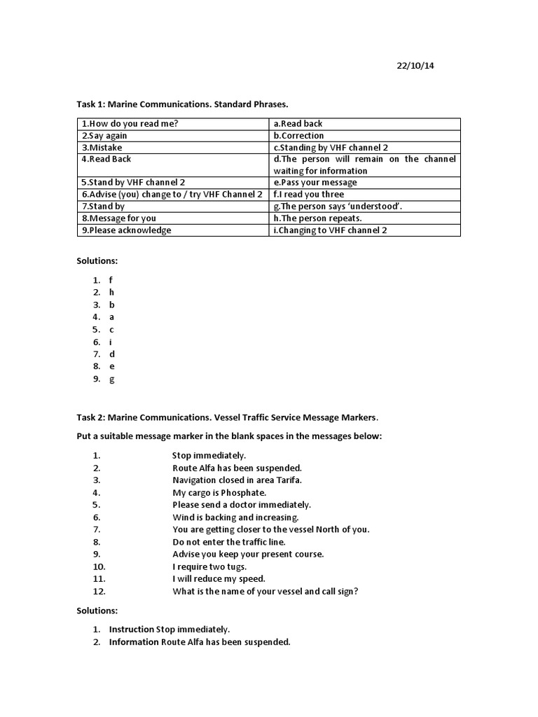 Task 1: Marine Communications. Standard Phrases | PDF | Water Transport ...