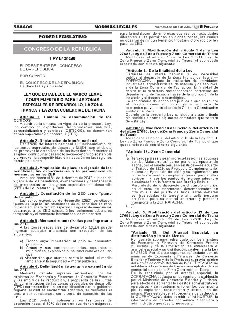 Ley N° 30446: Zonas Especiales de Desarrollo | PDF | Perú | aduana