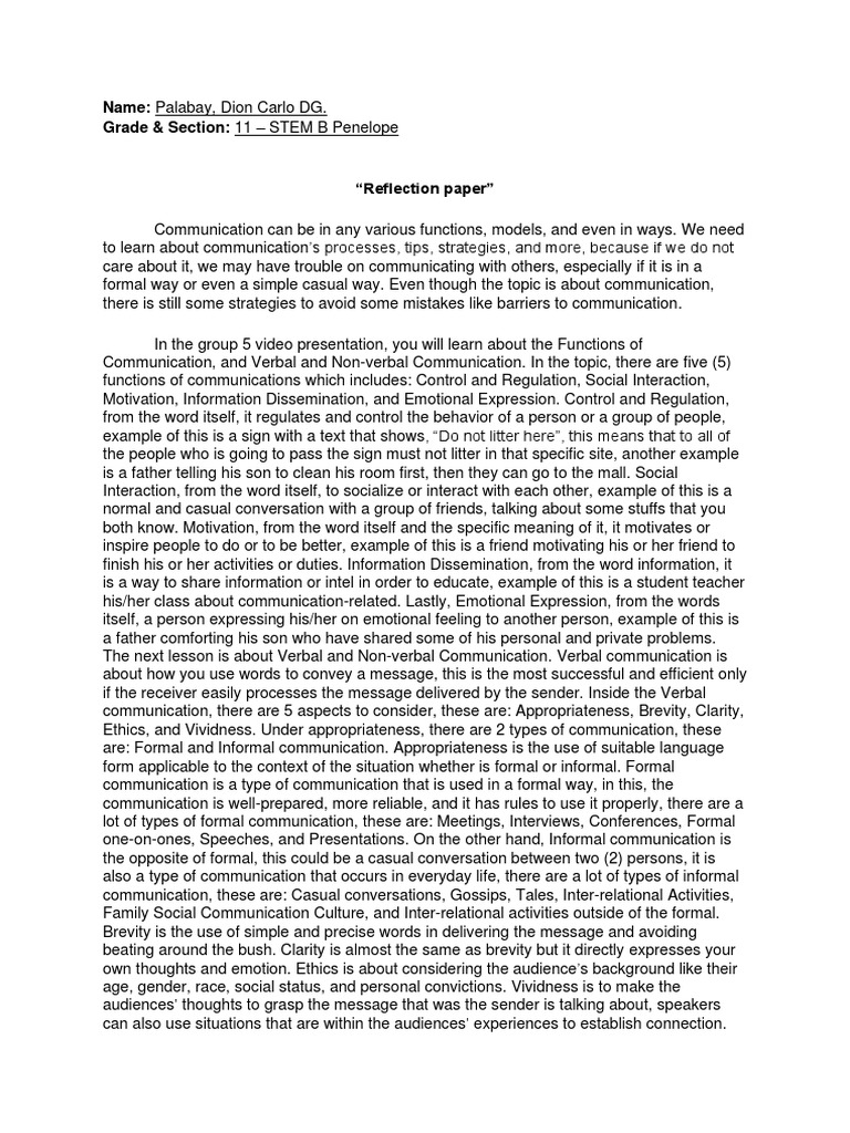 Reflection Paper In Oral Communication Context Pdf Communication