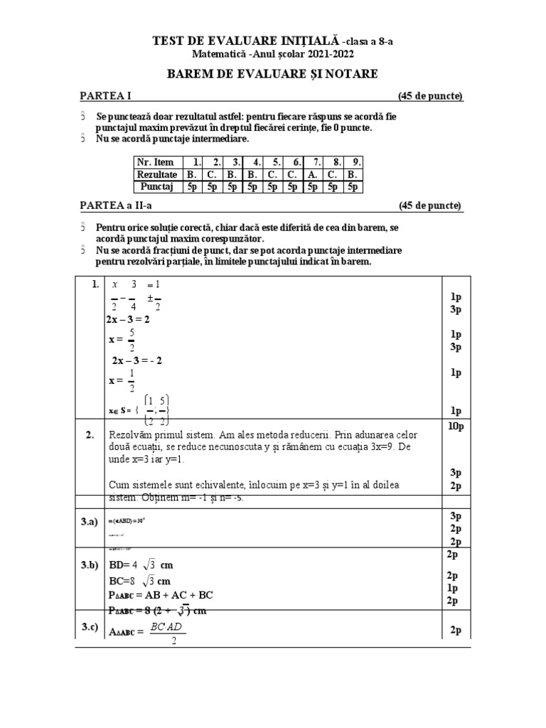 Rezolvare Barem de Corectare Test Initial Matematica Clasa A 8 A An ...