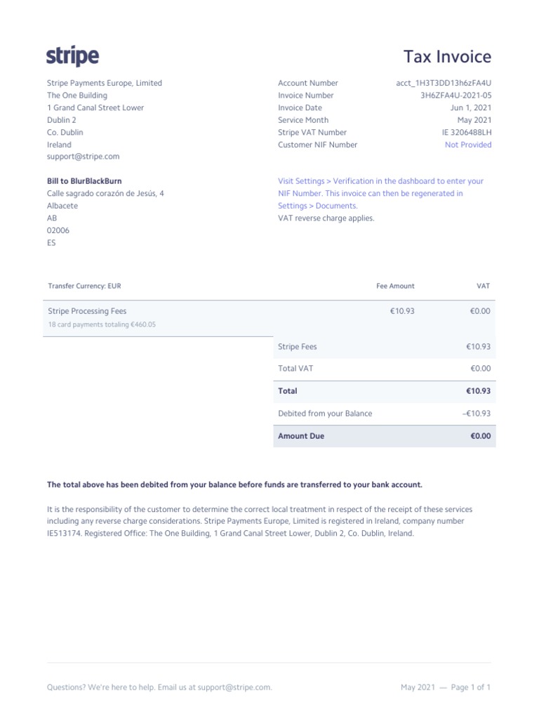 Stripe Tax Invoice 3H6ZFA4U-2021-05 | PDF | Payments | Invoice