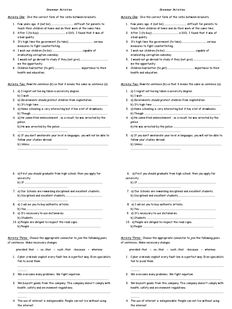 Grammar Activities: Verb Forms, Sentence Structures, and Connectors | PDF