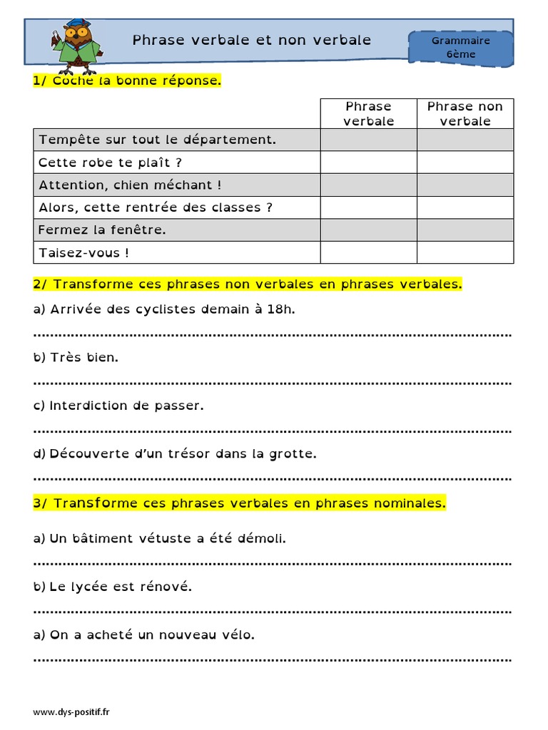 Phrase Verbale Et Non Verbale Exercices Exercices Phrase Verbale Et Non Verbale | PDF