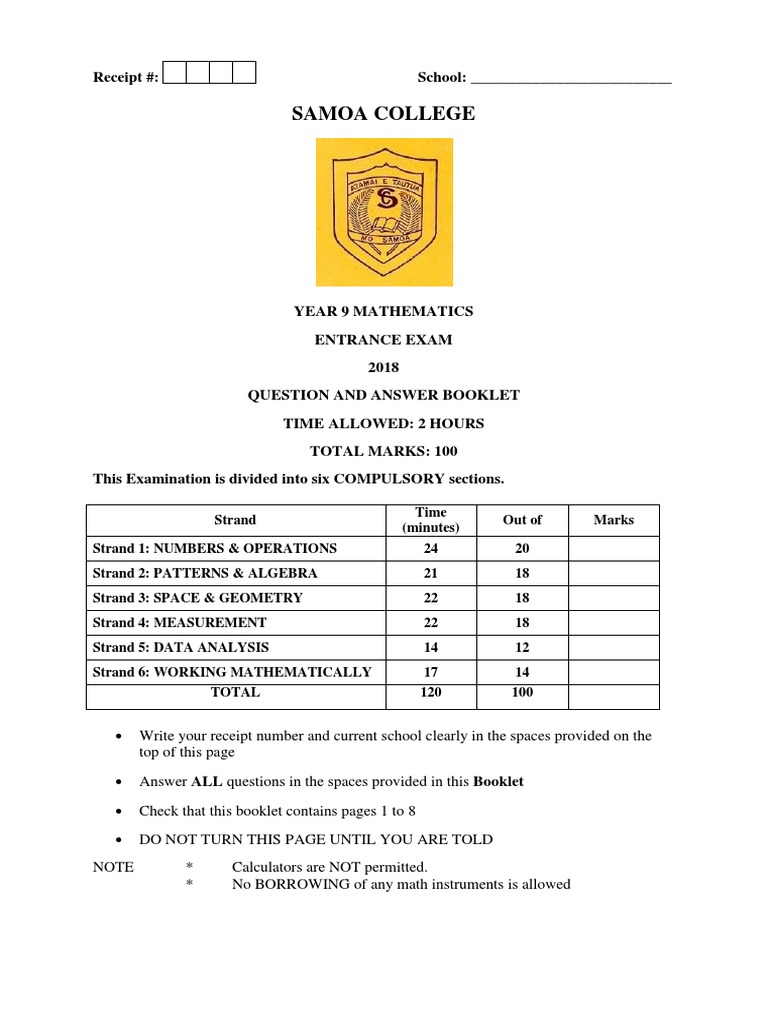 Samoa College Year 9 Maths Exam 2018 | PDF | Area | Mathematics