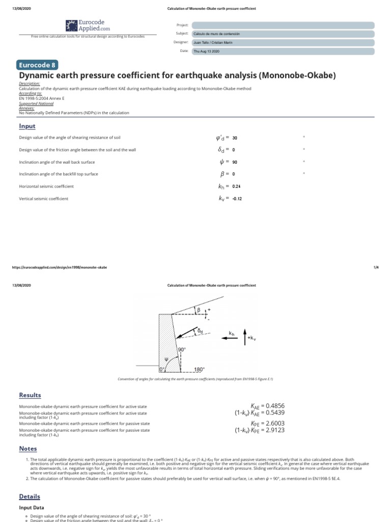 Calculation of MononobeOkabe Earth Pressure Coefficient PDF