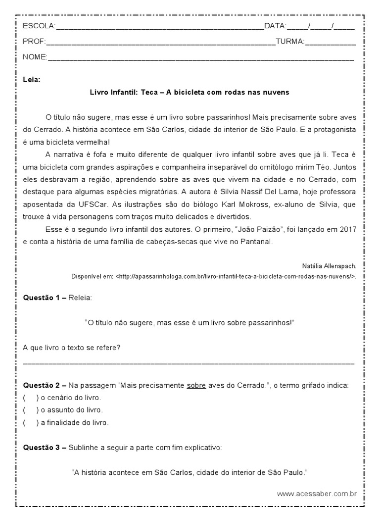 Interpretacao de Texto Resenha Livro Infantil 5o Ano Word | PDF