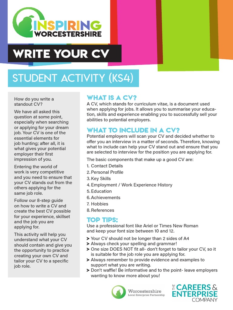Write Your CV: Student Activity (KS4) | PDF | Résumé | Communication