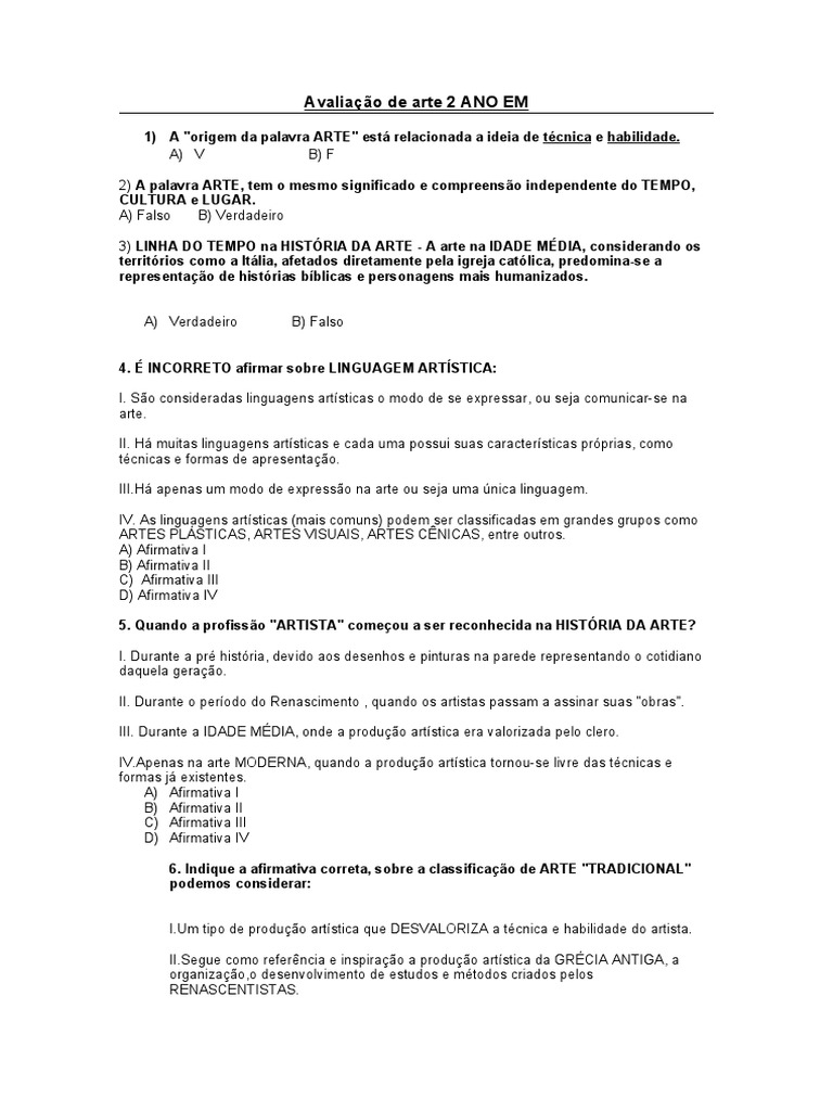 Avaliação de Arte 2 Ano em para Impressão. | PDF | Modernismo ...