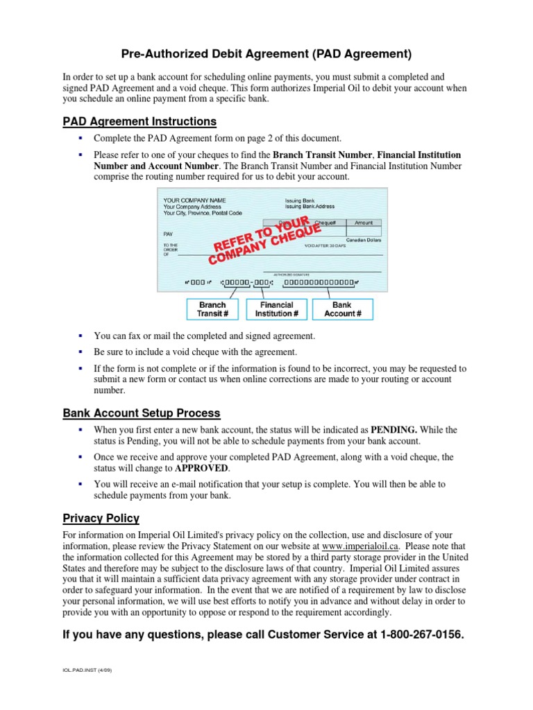 PAD Agreement and Instructions PDF Cheque Debit Card