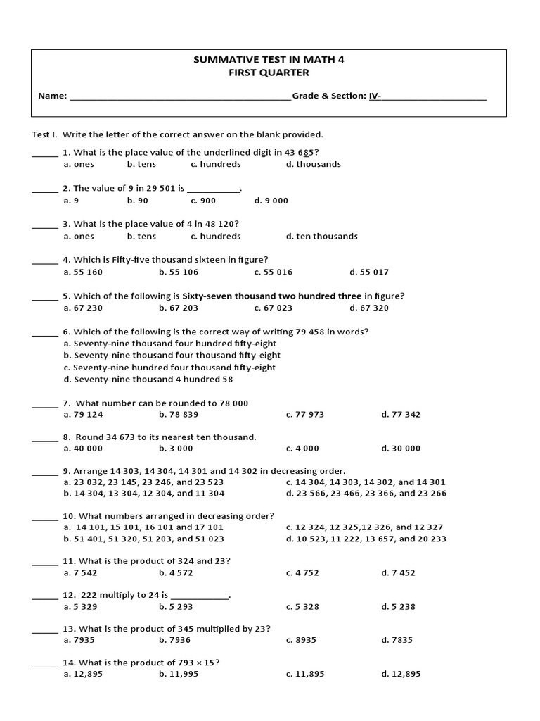 Grade 4 Math Summative Test Q1 | PDF | Mathematics | Arithmetic