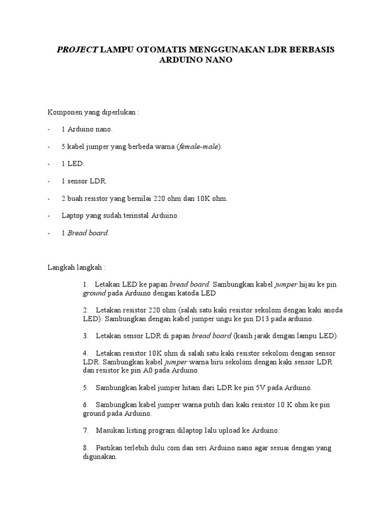 Project Lampu Otomatis Menggunakan LDR Berbasis Arduino Nano | PDF
