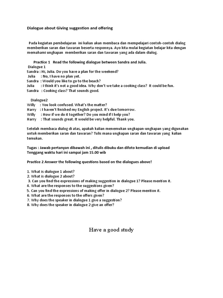 Dialogues on Suggestions and Offers | PDF