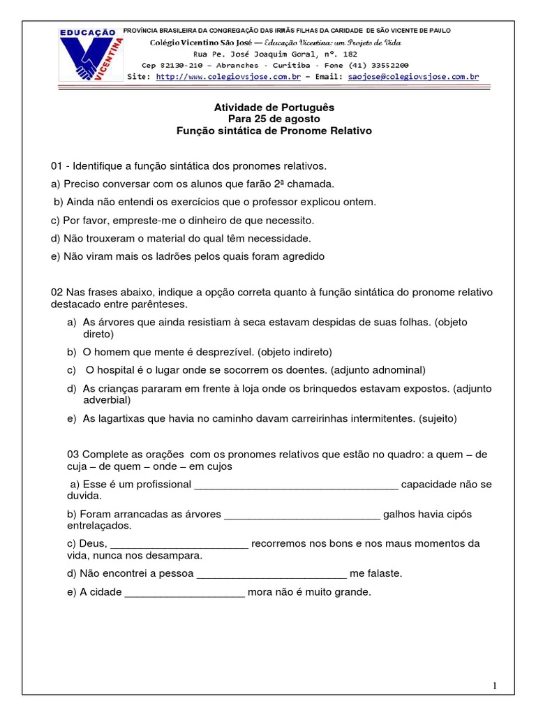 Pronomes Relativos e Suas Funções Sintáticas, PDF