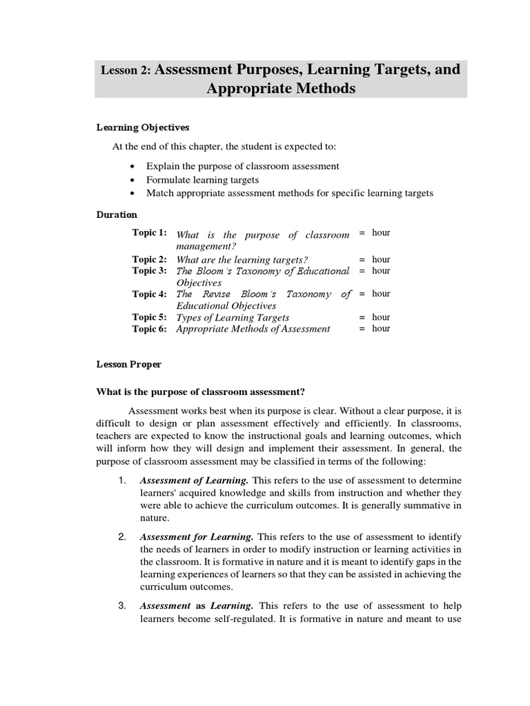 Assessment Purposes, Learning Targets, and Appropriate Methods | PDF ...