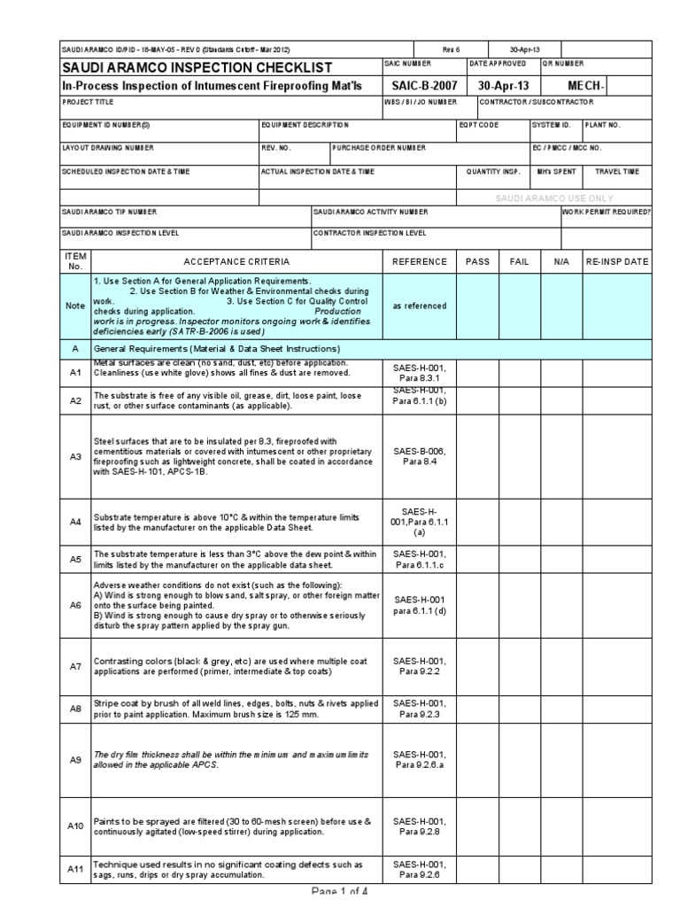 Saudi Aramco Inspection Checklist InProcess Inspection of Intumescent Fireproofing Mat'ls SAIC