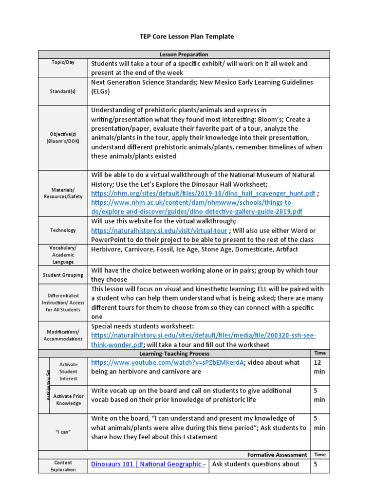 TEP Core Lesson Plan Template | PDF | Teachers | Learning