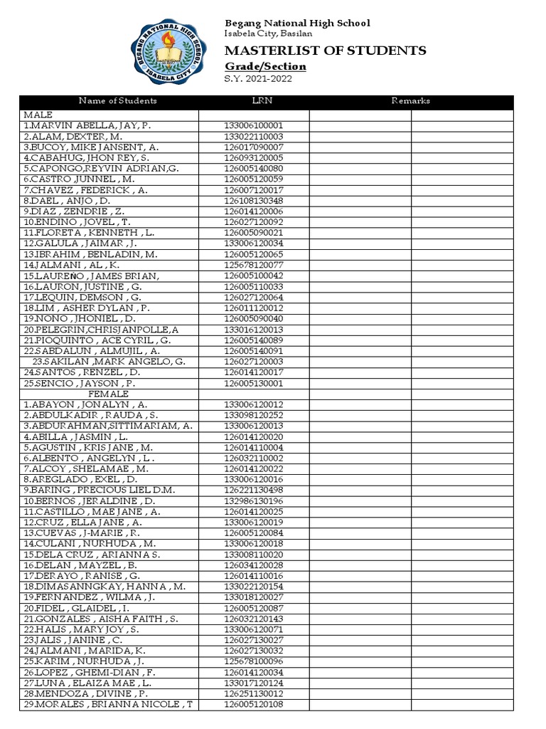 Masterlist of Students VENUS | PDF