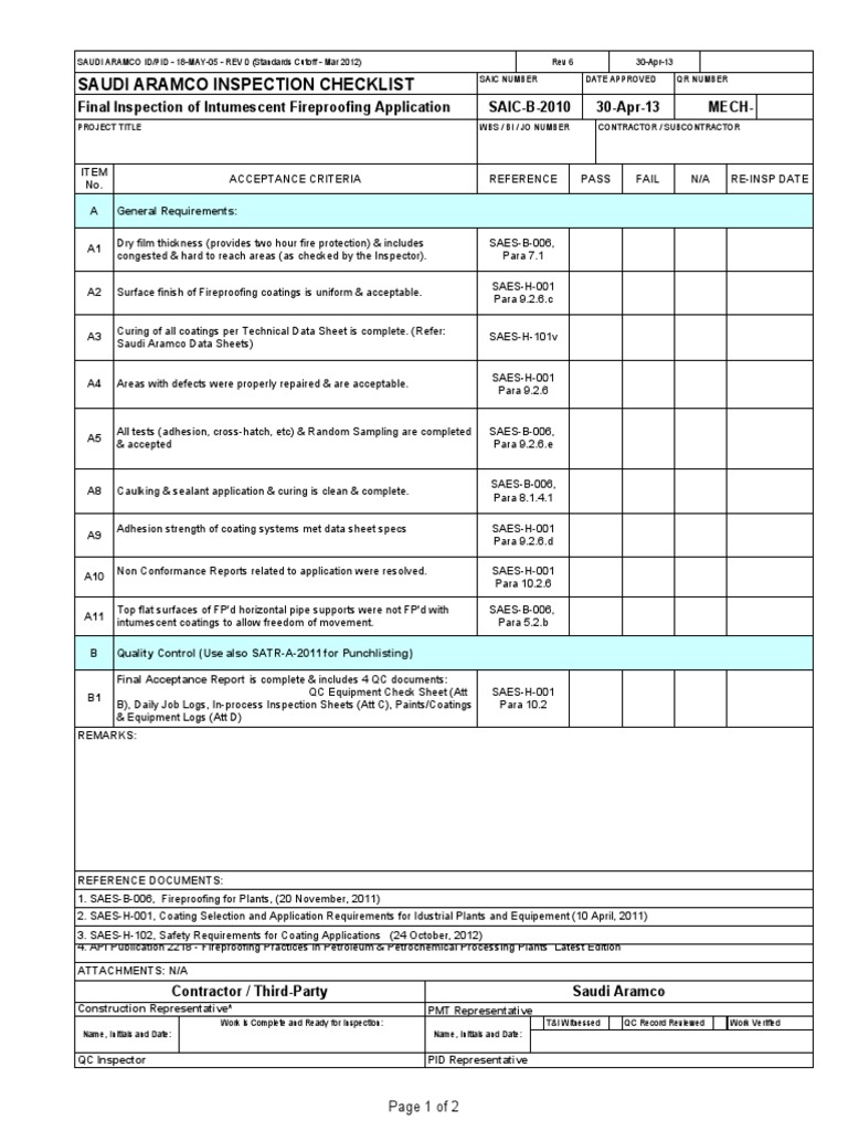 Saudi Aramco Inspection Checklist: Final Inspection of Intumescent ...
