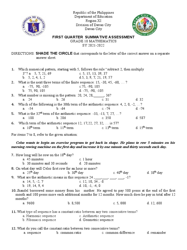 Grade 10 Math 1st Quarter Test | PDF | Mathematical Concepts | Abstract ...