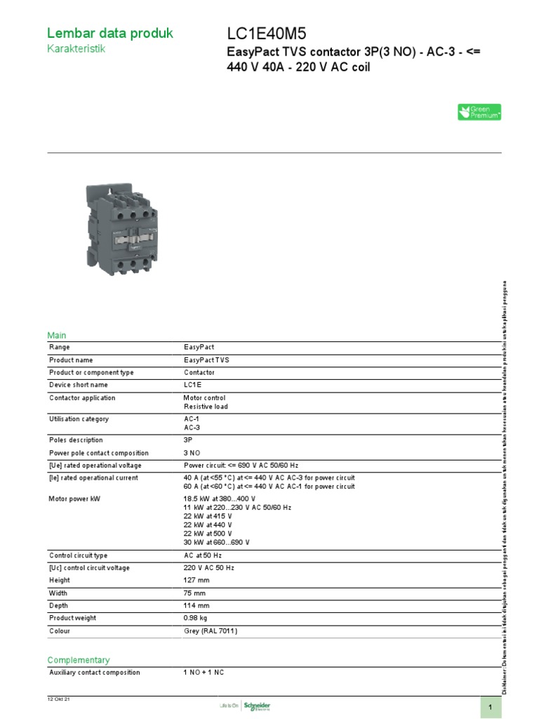 LC1E40M5: Lembar Data Produk | PDF | Alternating Current | Electric Power