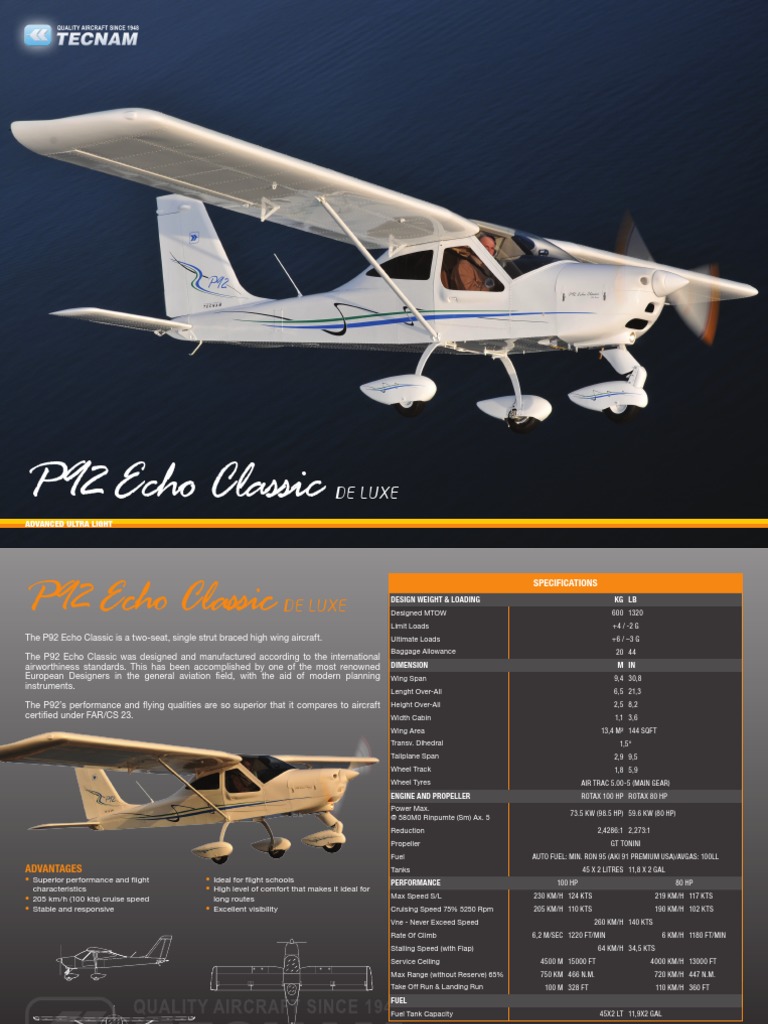 Tecnam P92 Echo Classic Specifications | PDF | Landing Gear | Engines