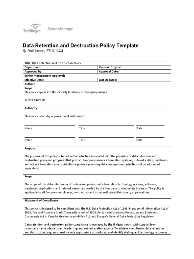 Data Retention and Destruction Policy Template: by Paul Kirvan FBCI