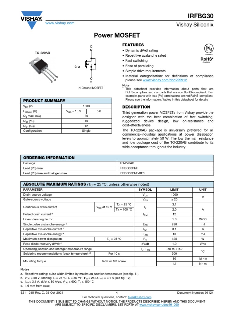 Irfbg30: Vishay Siliconix | PDF | Field Effect Transistor | Diode