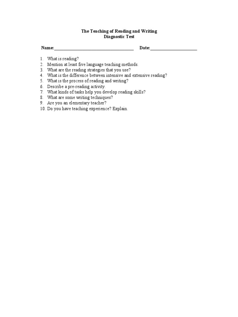 The Teaching of Reading and Writing Diagnostic Test PDF