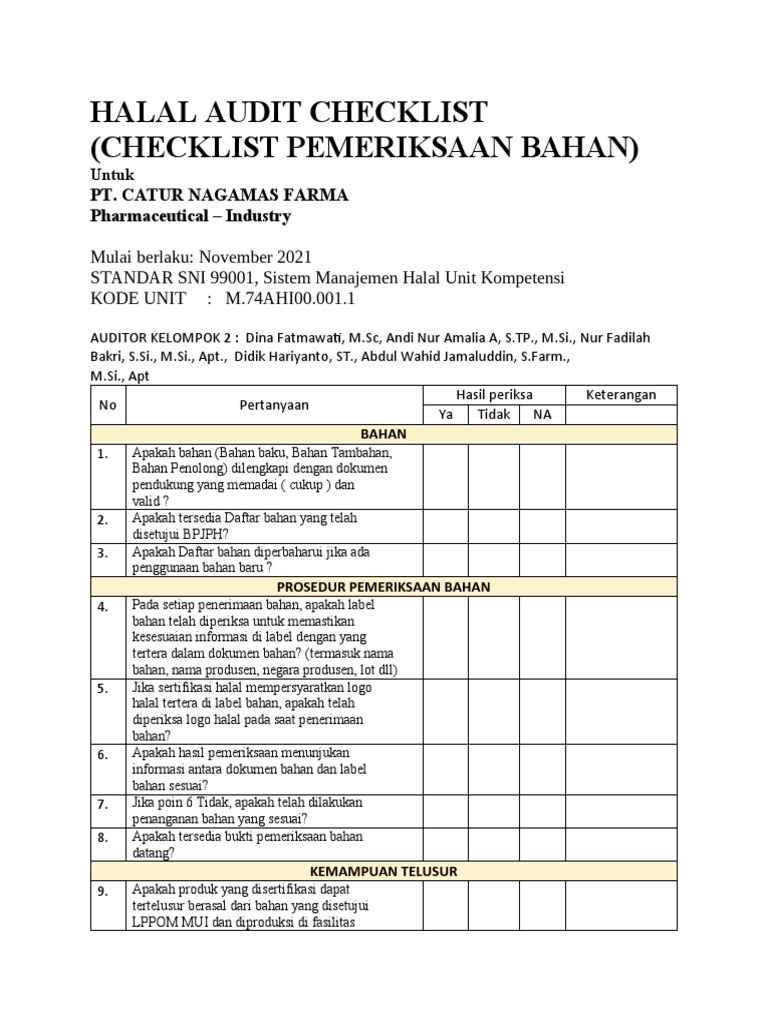 Checklist Audit Sertifikat Halal | PDF