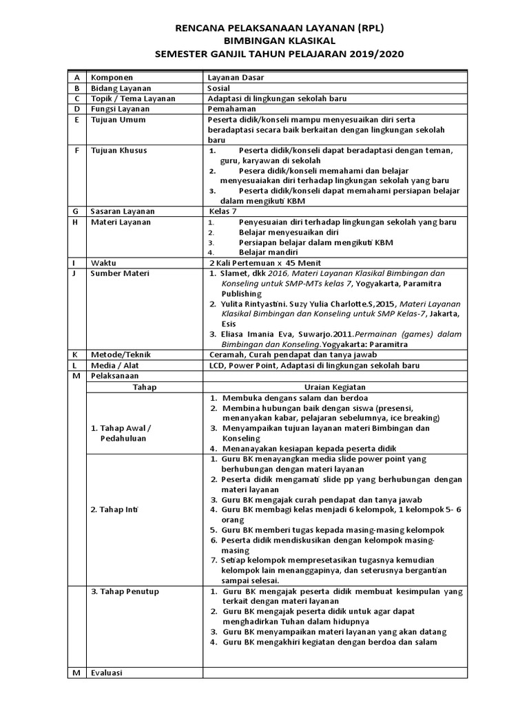 Rencana Bimbingan Klasikal Kelas 7 | PDF