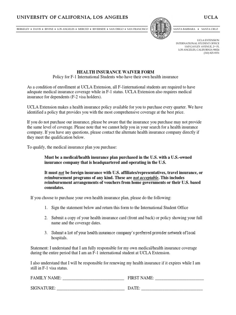 Health Insurance Waiver | PDF | Insurance | University Of California
