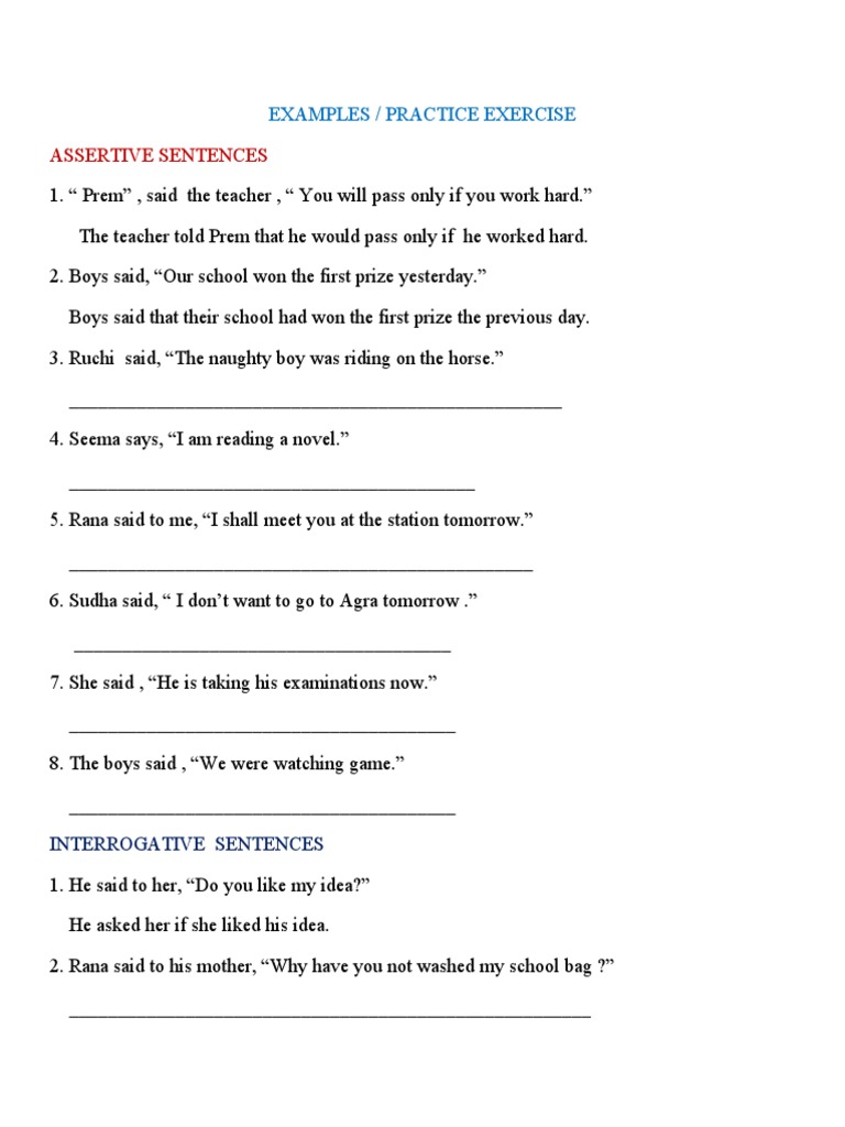 Assertive Sentences Examples / Practice Exercise PDF