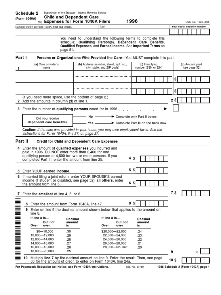 Schedule 2 Child and Dependent Care Expenses For Form 1040A Filers ...