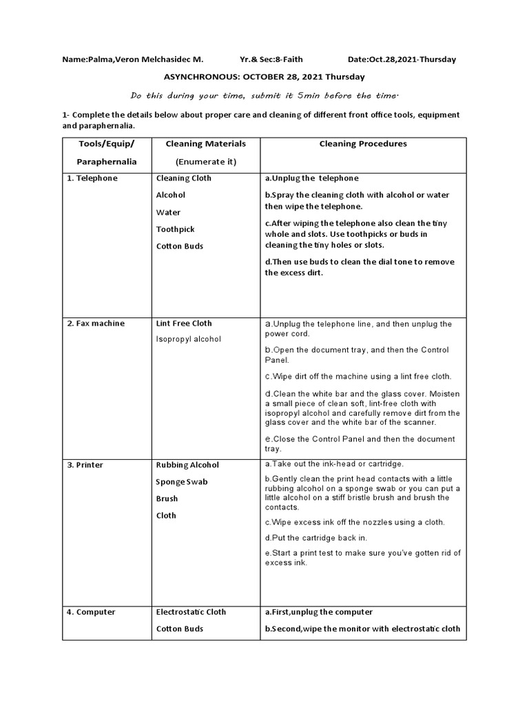 Fos Cleaning Materials and Procedures Activity PDF Manufactured