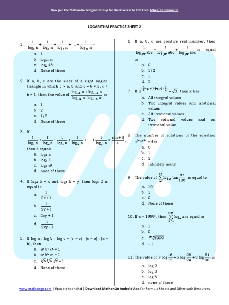 A. B. C. D. A. B. C. D. Logarithm Practice Sheet 2 PDF Logarithm