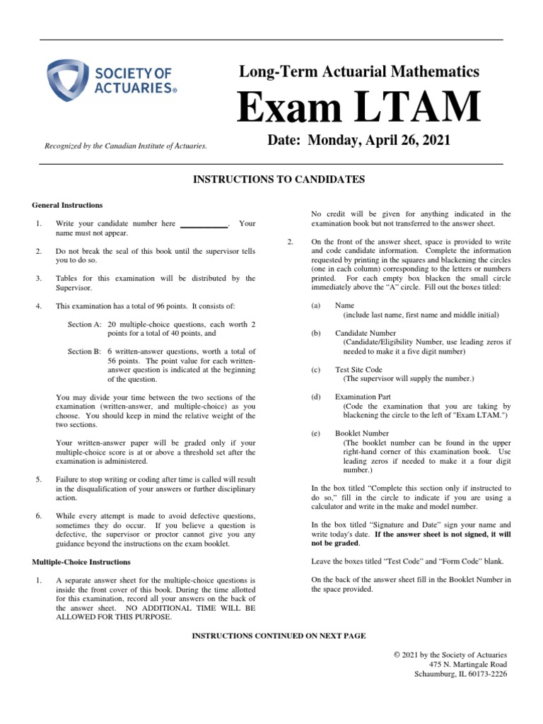 Exam LTAM: Long-Term Actuarial Mathematics | PDF | Life Insurance ...