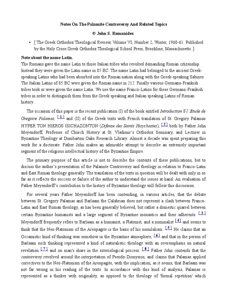 Notes On The Palamite Controversy and Related Topics PDF Religious Belief And Doctrine