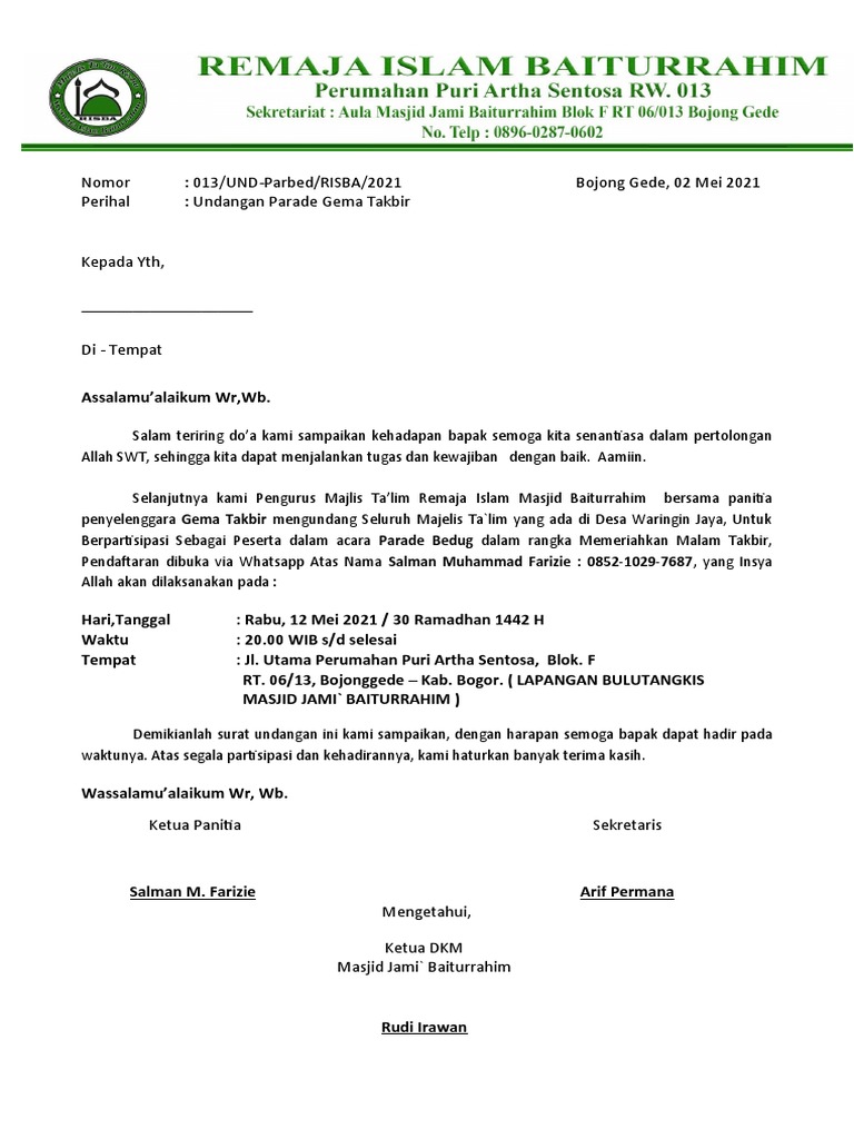 Surat Undangan PESERTA Parade Gema Takbir Revisi | PDF