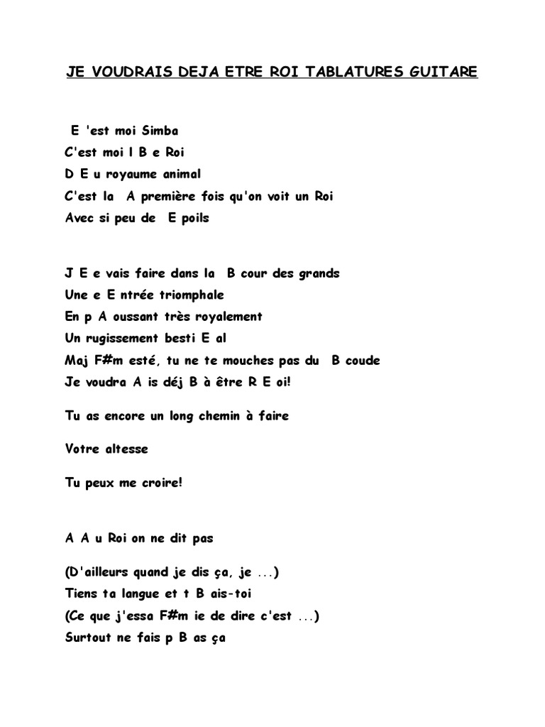 C Est Moi Simba C Est Moi Le Roi Parole Je Voudrais Deja Etre Roi Tablatures Guitare | PDF