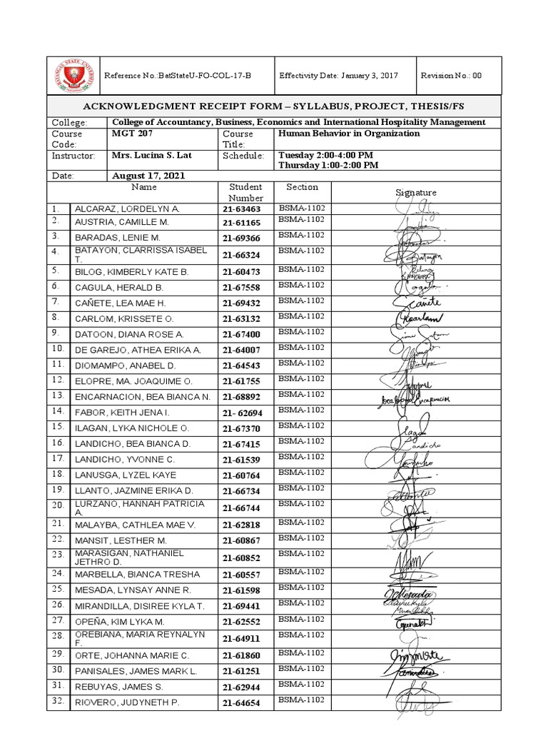 Bsma 1102 Acknowledgment Receipt Syllabus | PDF