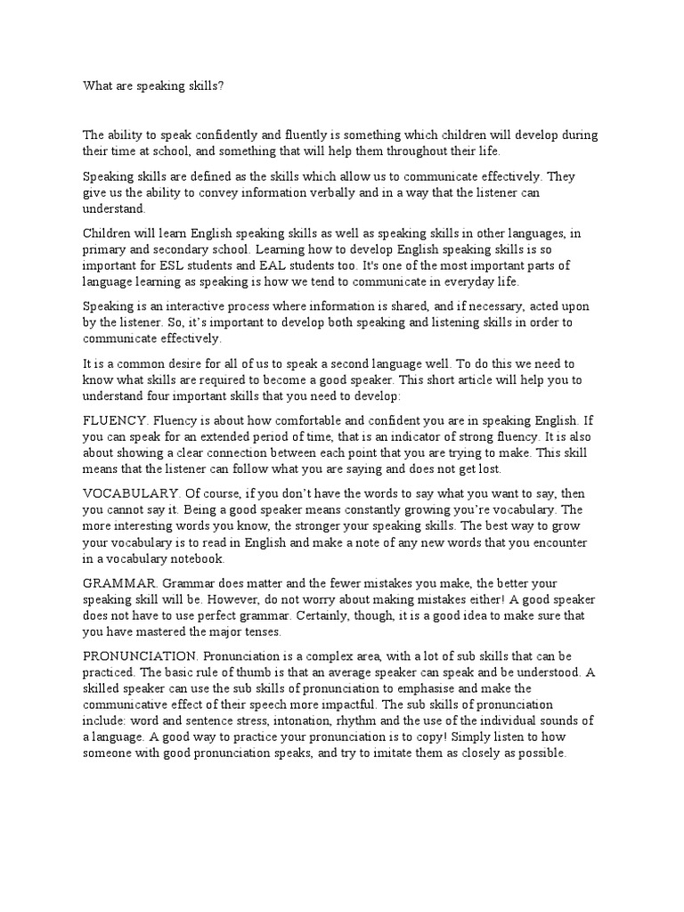 Understanding Speaking Skills | PDF | Fluency | English As A Second Or ...