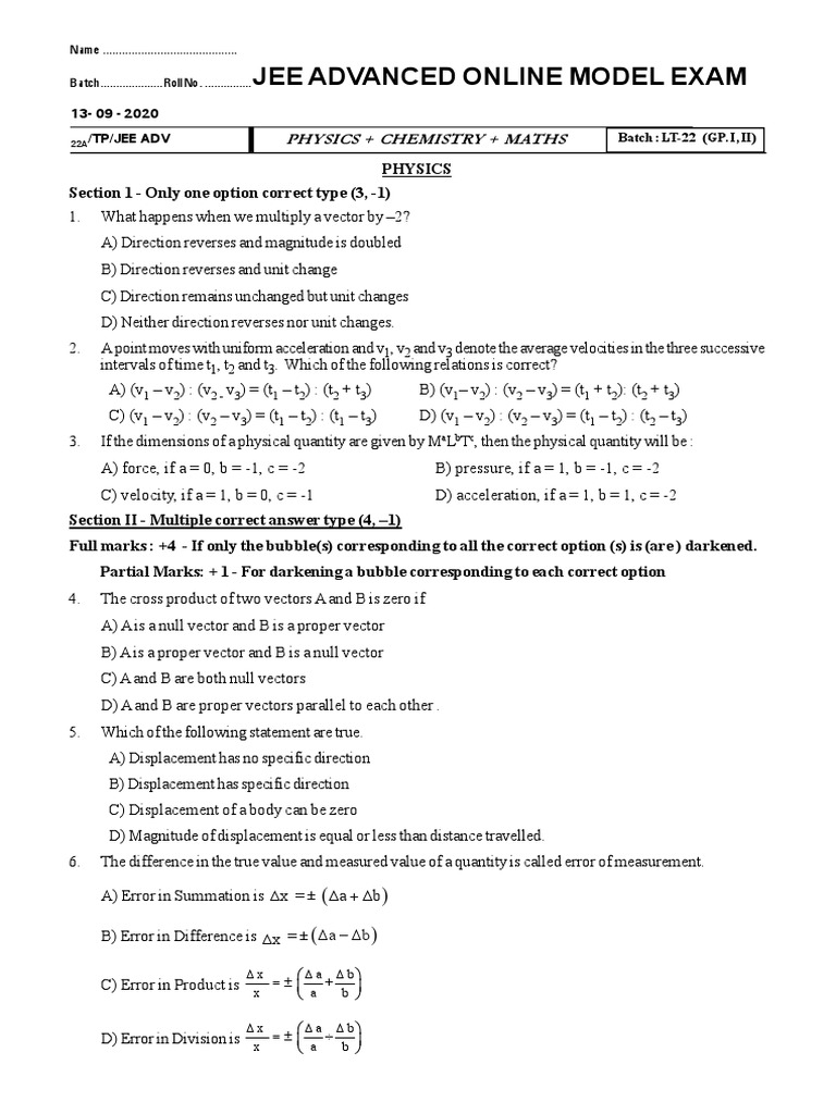 Jee Advanced Online Model Exam: Physics + Chemistry + Maths | PDF ...