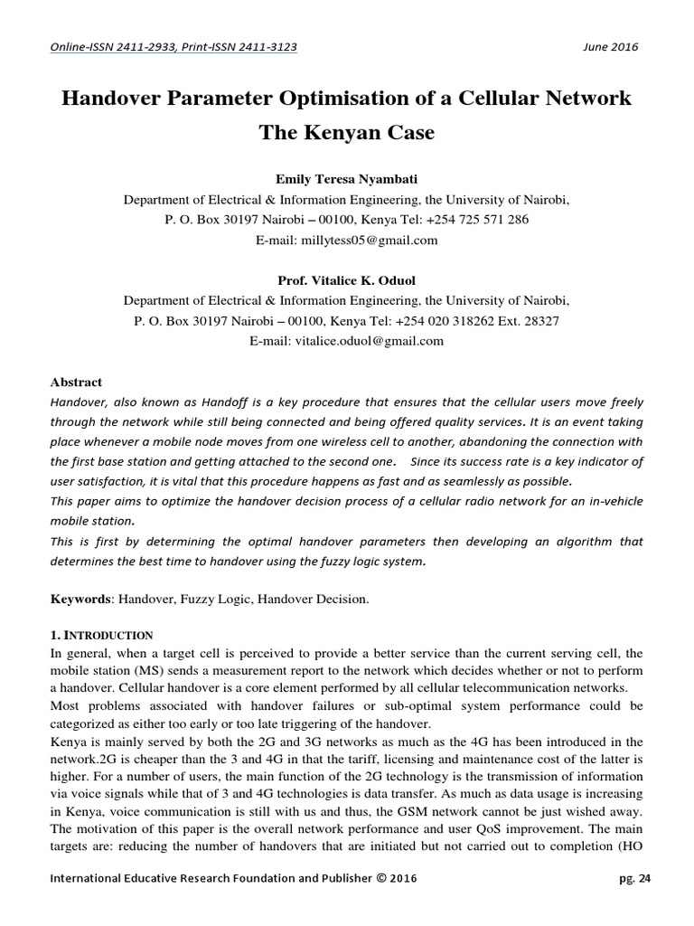 Handover Parameter Optimisation of A Cellular Network The Kenyan Case PDF Fuzzy Logic