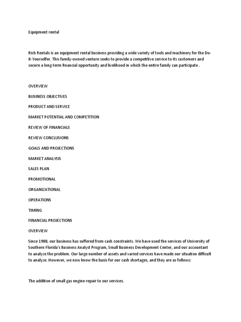 Equipment Rental Business Plan PDF Revenue Employment